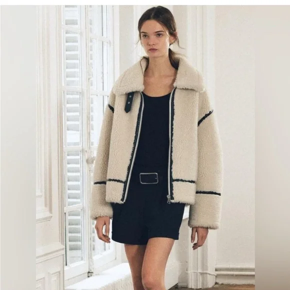 Zara Black Trim Cream Biker Jacket collection - Picture 1 of 2